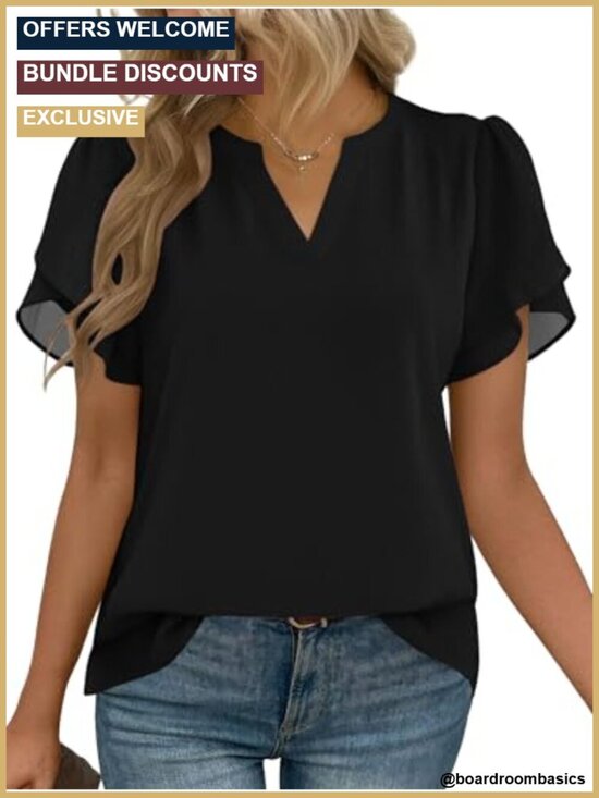 Tops - Womens Blouse V Neck Short Sleeve Petal Sleeve Flowy Work Business Casual Top